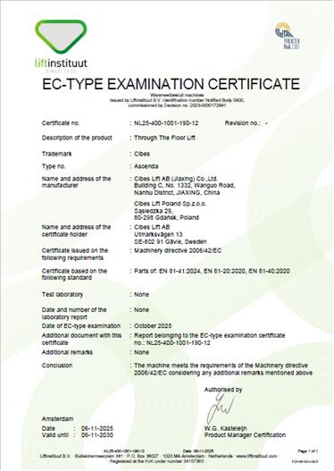 Ascenda 愛升達家用電梯證書